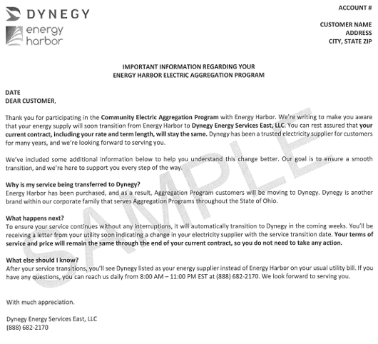 Letter from Dynegy Energy Harbor